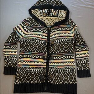 Zeela Fair Isle Hooded Toggle Cardigan Sweater Small Nordic Boho